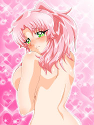 Rule 34 | 1girl, back, backboob, blush, breasts, closed mouth, eyes visible through hair, frown, green eyes, heart, heart background, highres, inabakun00, large breasts, long hair, looking at viewer, looking back, nude, original, pink hair, ponytail, rio (inaba), solo, sparkle, sparkle background, standing, tears, upper body