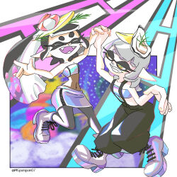 2girls callie_(splatoon) closed_eyes cousins crop_top food food_on_head fruit highres holding_hands iridescent lemon lemon_slice looking_at_another marie_(splatoon) mole mole_under_eye mugi_ponpon multiple_girls nintendo object_on_head official_alternate_costume official_alternate_hairstyle oyster splatoon_(series) splatoon_3