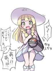 Rule 34 | 1girl, bag, blonde hair, braid, commentary request, creatures (company), dress, duffel bag, fun bo, game freak, green eyes, hat, lillie (pokemon), long hair, looking at viewer, nintendo, open mouth, panties, pokemon, pokemon sm, simple background, sleeveless, sleeveless dress, solo, sun hat, translated, twin braids, underwear, white background, white dress, white hat, white panties