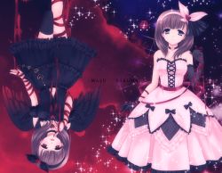 Rule 34 | 1girl, black bow, black gloves, black ribbon, black shirt, black skirt, black thighhighs, black wings, blouse, blue eyes, blush, bow, breasts, brown hair, character name, choker, closed eyes, commentary request, cross-laced clothes, dress, dress bow, dual persona, elbow gloves, feathered wings, fishnet gloves, fishnets, gloves, hair ribbon, hairband, heart, idolmaster, idolmaster cinderella girls, looking at viewer, medium breasts, medium hair, open mouth, red eyes, red ribbon, ribbon, sakuma mayu, shirt, single thighhigh, skirt, smile, strapless, strapless dress, suruga kasune, thighhighs, upside-down, white dress, white hairband, wings