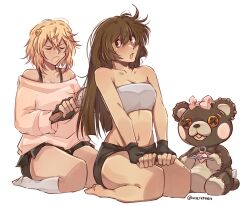 Rule 34 | 1boy, 1girl, bare legs, barefoot, blonde hair, breasts, bridget (guilty gear), brown hair, brushing another&#039;s hair, brushing hair, cleavage, fingerless gloves, gloves, guilty gear, guilty gear strive, highres, long hair, may (guilty gear), medium breasts, mil17459623, pleated skirt, roger (guilty gear), seiza, short hair, short shorts, shorts, simple background, sitting, skirt, socks, strapless, stuffed animal, stuffed toy, sweater, teddy bear, trap, tube top
