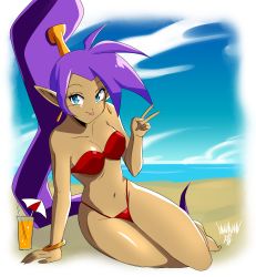 Rule 34 | 1girl, :p, absurdres, adapted costume, alternate costume, arm support, bare arms, bare legs, bare shoulders, barefoot, beach, bikini, blue eyes, blue sky, blush, border, bracelet, breasts, closed mouth, cocktail, cocktail glass, collarbone, cup, danmakuman, dark-skinned female, dark skin, day, drink, drinking glass, earrings, feet, full body, hair tubes, hand up, high ponytail, highres, jewelry, large breasts, long hair, looking at viewer, midriff, navel, ocean, outdoors, pointy ears, purple hair, red bikini, sand, shantae, shantae (series), shiny skin, sitting, sky, smile, solo, strapless, strapless bikini, swimsuit, thick thighs, thighs, toes, tongue, tongue out, v, very long hair, water, white border, yokozuwari
