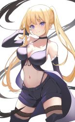 Rule 34 | 1girl, bare shoulders, belt, blonde hair, breasts, cleavage, elbow gloves, gloves, highres, large breasts, lieselotte sherlock, long hair, looking at viewer, midriff, navel, purple eyes, revealing clothes, shorts, simple background, solo, thighhighs, thighs, toki (rumukio), trinity seven, twintails