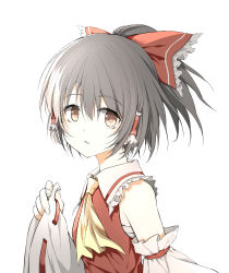 Rule 34 | 1girl, absurdres, ascot, bare shoulders, black hair, bow, brown eyes, detached sleeves, hair between eyes, hair bow, hair tubes, hakurei reimu, highres, japanese clothes, looking at viewer, nontraditional miko, open mouth, red bow, ribbon-trimmed sleeves, ribbon trim, shimoda masaya, short hair, sidelocks, simple background, solo, touhou, upper body, white background, white sleeves, wide sleeves, yellow ascot