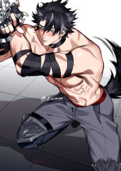 Rule 34 | 1boy, animal ears, black gloves, black hair, blush, chain, chained, chained wrists, commentary, earrings, english commentary, eriimyon, fingerless gloves, genshin impact, gloves, grey pants, greyscale, highres, jewelry, kneeling, male focus, monochrome, multicolored hair, muscular, muscular male, nipples, on floor, pants, scar, scar on arm, scar on back, scar on chest, scar on neck, scar on shoulders, solo, spread legs, streaked hair, sweatdrop, tail, topless male, twitter username, wriothesley (genshin impact)