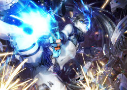 Rule 34 | 1girl, action, bare shoulders, belt, bikini, bikini top only, black gloves, black hair, black rock shooter, black rock shooter: dawn fall, black rock shooter (character), black shorts, blue eyes, bolt, breasts, clenched teeth, debris, feet out of frame, finger on trigger, firing, flaming eye, from below, gloves, gun, hand up, highres, holding, holding gun, holding weapon, long hair, looking at viewer, looking down, midriff, navel, nisui noki, nut (hardware), pale skin, short shorts, shorts, small breasts, solo, spread legs, swimsuit, teeth, turtleneck, twintails, weapon