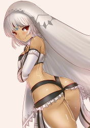 Rule 34 | 10s, 1girl, altera (fate), armor, ass, bare shoulders, blush, breasts, choker, dark-skinned female, dark skin, detached sleeves, fate/extella, fate/extra, fate/grand order, fate (series), looking at viewer, midriff, navel, red eyes, senbon tsuki, short hair, smile, solo, tattoo, veil, white background, white hair