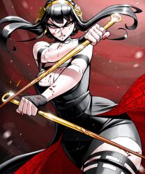 Rule 34 | 1girl, black dress, black hair, blood, blood on clothes, blood on face, blood on hands, blood splatter, bloody weapon, breasts, cleavage, dress, dual wielding, hair ornament, highres, holding, holding weapon, jgeorgedrawz, large breasts, long hair, looking to the side, red eyes, solo, spy x family, weapon, weapon request, yor briar