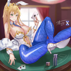 Rule 34 | 1girl, absurdres, animal ears, artoria pendragon (all), artoria pendragon (fate), artoria pendragon (swimsuit ruler) (fate), blonde hair, blue neckwear, blue pantyhose, blush, braid, breasts, card, cleavage, clothing cutout, crossed legs, detached collar, fake animal ears, fate/grand order, fate (series), feather boa, fishnet pantyhose, fishnets, french braid, green eyes, hair between eyes, high heels, highleg, highleg leotard, highres, lan xiezi, large breasts, leaning back, legs, legs up, leotard, long hair, looking at viewer, navel, navel cutout, pantyhose, playboy bunny, playing card, poker chip, poker table, ponytail, rabbit ears, sidelocks, sitting, solo, table, thighs, tiara, white leotard, wrist cuffs