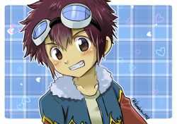 Rule 34 | 1boy, blue background, brown eyes, brown hair, close-up, cokotaroh1102, commentary request, digimon, digimon adventure 02, goggles, goggles on head, hair between eyes, highres, jacket, looking at viewer, male focus, motomiya daisuke, outside border, solo, teeth