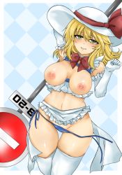 Rule 34 | apron, armpits, arms up, belly, bikini, blonde hair, blue background, blue bikini, blush, bow, breasts, breasts apart, breasts out, curvy, exhibitionism, gloves, hat, hat bow, hat ribbon, holding, holding sign, kana anaberal, looking at viewer, maid, naked apron, nipples, nude, phantasmagoria of dim.dream, public indecency, ribbon, sign, smile, swimsuit, thighhighs, thighs, touhou, touhou (pc-98), washiwa, yellow eyes