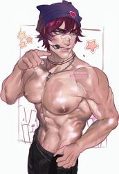 Rule 34 | 1boy, abs, absurdres, aommemi, bandaid, bandaid on face, bandaid on nose, bara, black pants, hat, headset, heartsteel (league of legends), heartsteel sett, highres, jewelry, large pectorals, league of legends, male focus, muscular, muscular male, navel, necklace, nipples, pants, pectorals, pink hair, sett (league of legends), short hair, smile, solo, topless male, twitter username