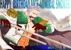 Rule 34 | 1boy, abs, bara, bare pectorals, coat, cowboy shot, facial hair, from side, happy birthday, highres, holding, holding weapon, large pectorals, male focus, mature male, medium sideburns, muscular, muscular male, nipples, no shirt, ohesonoheso, one piece, pectorals, scar, scar on face, scar on forehead, short hair, sideburns stubble, smoker (one piece), solo, sparse stubble, stitches, stubble, sweat, tsurime, weapon, white hair