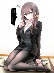 Rule 34 | 1girl, @ @, arm behind back, black jacket, black pantyhose, blush, breasts, brown hair, closed mouth, collared shirt, embarrassed, fine fabric emphasis, formal, hair ornament, hair over shoulder, hair scrunchie, hand up, head tilt, highres, jacket, large breasts, legs, long hair, long sleeves, no shoes, ol-chan (oouso), oouso, pantyhose, scrunchie, shiny clothes, shirt, sidelocks, sitting, skirt, skirt suit, solo, suit, thighs, thought bubble, translation request, wariza, white shirt