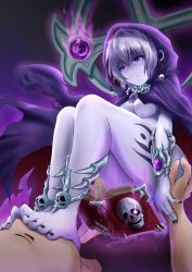 Rule 34 | 1boy, 1girl, anklet, bare legs, barefoot, book, breasts, cape, cloak, closed mouth, colored skin, feet, foot on head, girl on top, grey hair, grey skin, highres, hood, jewelry, lich (monster girl encyclopedia), medium breasts, medium hair, monster girl, monster girl encyclopedia, nail polish, purple cape, purple cloak, purple eyes, sitting, sitting on person, thick thighs, thighs, toenail polish, toenails, toes, undead, underboob, uriens, wrist guards