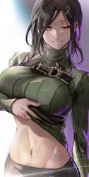 Rule 34 | 1girl, black skirt, breasts, chest harness, clothes lift, gradient background, green sweater, hair ornament, hairclip, harness, highres, huge breasts, ikuyoan, looking at viewer, midriff, navel, navel piercing, nijisanji, orange eyes, parted bangs, piercing, ribbed sweater, shirayuki tomoe, shirt lift, signature, skirt, smile, solo, stomach, sweater, turtleneck, turtleneck sweater, virtual youtuber