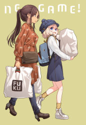 Rule 34 | 2girls, :d, :o, ahagon umiko, alternate hairstyle, animal bag, aqua eyes, arms at sides, backpack, bag, blonde hair, blue bag, blue eyes, blue headwear, blue overalls, blunt bangs, brown bag, brown footwear, brown hair, cabbie hat, cable knit, casual, chestnut mouth, copyright name, cross-laced footwear, dark-skinned female, dark skin, denim, dress, eyes visible through hair, floating hair, from side, full body, hair behind ear, hair bobbles, hair ornament, hair up, hat, high collar, high heels, highres, holding, holding bag, jeans, knit hat, leg up, long hair, long sleeves, looking away, looking back, looking up, multiple girls, new game!, official art, open mouth, orange dress, overall skirt, overalls, palm tree print, pants, pants under dress, parted lips, plastic bag, pleated dress, pocket, pom pom (clothes), puffy long sleeves, puffy sleeves, ribbed legwear, sakura nene, shade, shark bag, shirt, shirt tucked in, shoes, shopping bag, short bangs, short eyebrows, short hair, shoulder bag, sidelocks, simple background, sleeve cuffs, smile, sneakers, socks, standing, tareme, thick eyebrows, tokunou shoutarou, tree print, walking, white footwear, white shirt, yellow background, yellow legwear, zipper pull tab
