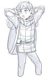 Rule 34 | 1boy, :o, arms behind head, backpack, bag, chilchuck tims, cropped legs, dungeon meshi, gloves, greyscale, highres, male focus, monochrome, neck warmer, nemnem 11199, open mouth, pants, short hair, simple background, solo, very short hair, vest, white background