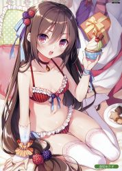 Rule 34 | 1girl, :o, absurdres, artist name, bare shoulders, bikini, blue background, blush, box, bracelet, breasts, brown hair, cherry, choker, cinnamon stick, collarbone, cookie, cream, cupcake, food, food-themed hair ornament, frilled bikini, frilled pillow, frills, fruit, gift, gift box, hair between eyes, hair ornament, hair ribbon, highres, indoors, jewelry, long hair, looking at viewer, low-tied long hair, melon, melon slice, melonbooks, navel, pearl bracelet, pendant, pillow, plate, polka dot pillow, red bikini, red choker, ribbon, round teeth, sack, scan, shiny skin, small breasts, solo, star (symbol), stomach, striped bikini, striped clothes, swimsuit, tareme, teeth, thigh gap, thighhighs, toosaka asagi, vertical-striped bikini, vertical-striped clothes, very long hair, white thighhighs, wrist cuffs, wrist ribbon