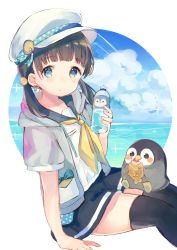 Rule 34 | 1girl, animal, arm support, bird, black sailor collar, black skirt, black thighhighs, blue eyes, blue sky, blush, bottle, brown hair, cabbie hat, closed mouth, cloud, cloudy sky, commentary request, day, grey jacket, hat, holding, holding bottle, hood, hood down, hooded jacket, horizon, jacket, long hair, looking at viewer, looking to the side, low twintails, neckerchief, ocean, original, penguin, sailor collar, school uniform, sencha (senta 10), serafuku, shirt, short sleeves, sitting, skirt, sky, solo, thighhighs, twintails, water, water bottle, white background, white hat, white shirt, yellow neckerchief
