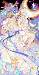 Rule 34 | 1girl, absurdres, arknights, backless dress, backless outfit, blue ribbon, commentary, coral, crescent moon, dalujiadebianyuan, dress, english commentary, feet out of frame, fish, hands on own chest, headdress, highres, long hair, long ribbon, moon, multicolored background, open mouth, parted lips, red eyes, ribbon, solo, sparkle, specter (arknights), specter the unchained (arknights), specter the unchained (born as one) (arknights), star (symbol), veil, very long hair, white dress