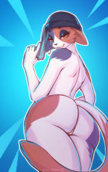 Rule 34 | 2022, ass, ass focus, blue background, ear piercing, ears down, epic games, female focus, fortnite, fur, furry, gun, hat, headgear, highres, meow skulls (fortnite), multicolored fur, narrowed eyes, piercing, simple background, solo, tagme, weapon
