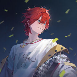 Rule 34 | 1boy, amagi rinne, blue eyes, chain necklace, ensemble stars!, eyokiki, grin, hair between eyes, jacket, jewelry, looking away, male focus, necklace, open clothes, open jacket, open mouth, red hair, short hair, smile, wind