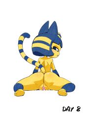 Rule 34 | 1girl, :&lt;, animal crossing, animal ears, animal feet, ankha (animal crossing), anus, ass, ass focus, back, barefoot, blonde hair, blue eyes, blue fur, blue hair, blunt bangs, blush, bob cut, body fur, cat ears, cat girl, cat tail, closed mouth, completely nude, english text, female focus, from behind, full body, furry, furry female, hair ornament, half-closed eyes, highres, leaning forward, looking at viewer, looking back, matching hair/eyes, multicolored hair, nintendo, nude, profile, pussy, pussy juice, reddish fox, short hair, sidelocks, simple background, sitting, solo, spread legs, striped tail, tail, tail raised, thighs, two-tone fur, two-tone hair, uncensored, white background, yellow fur