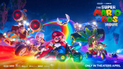 Rule 34 | 1girl, 4boys, biker clothes, bikesuit, blue shell (mario), bob-omb, bodysuit, copyright name, cranky kong, donkey kong, donkey kong (series), drifting, driving, exhaust pipe, floating island, gloves, go-kart, hat, highres, jet engine, logo, mario, mario (series), monster truck, motor vehicle, motorcycle, multiple boys, night, nintendo, official art, overalls, princess peach, promotional art, rainbow, sky, smile, spiked shell, star (sky), starry sky, the super mario bros. movie, toad (mario), wings