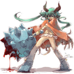 Rule 34 | 1girl, aht, atlus, bad id, bad pixiv id, blood, blood drip, bracelet, cloak, fighting stance, floating hair, full body, green eyes, green hair, happy, holding, holding weapon, hooves, horns, huge weapon, jewelry, long hair, mace, matching hair/eyes, monster girl, open mouth, outstretched arms, poncho, radiant historia, satyr, shadow, simple background, smile, solo, spikes, standing, teeth, tongue, twintails, weapon, white background, wide stance, yatuki