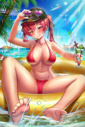 Rule 34 | 1girl, absurdres, arm up, barefoot, baseball cap, bikini, black ribbon, blue sky, blurry, blurry background, blush, breasts, chromatic aberration, closed mouth, collarbone, day, depth of field, eyewear on headwear, feet, full body, gold trim, hair ribbon, hat, head tilt, heart, heart necklace, highres, holding, hololive, houshou marine, houshou marine (summer), jagoo, jewelry, knee up, large breasts, legs, lens flare, licking lips, long hair, looking at viewer, micro bikini, motion blur, navel, necklace, ocean, official alternate costume, on innertube, outdoors, palm tree, parfait, purple-tinted eyewear, red bikini, red eyes, red hair, ribbon, see-through, shadow, shiny skin, sky, soles, solo, sparkle, splashing, spread legs, sunglasses, swimsuit, tinted eyewear, toe scrunch, toes, tongue, tongue out, tree, twintails, virtual youtuber, water, wet, yellow eyes