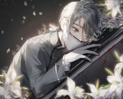 Rule 34 | 1boy, aesop carl, airm, blood, blood on hands, coffin, crying, crying with eyes open, falling petals, flower, gloves, grey background, grey eyes, grey hair, grey jacket, highres, identity v, jacket, leaning on object, light particles, lily (flower), long sleeves, looking at object, low ponytail, male focus, mask, medium hair, mouth mask, petals, shirt, solo, stitches, surgical mask, swept bangs, tears, upper body, white flower, white gloves, white lily, white shirt
