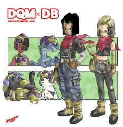 Rule 34 | android 17, android 18, arm warmers, bag, belt, bird, black hair, blonde hair, blue eyes, boots, brother and sister, chain, creator connection, crossover, dog, dragon, dragon ball, dragon quest, dragon quest monsters, dragon quest monsters joker, dragonball z, fingerless gloves, frown, gloves, hand in pocket, hand on own hip, highres, midriff, monkey, navel, neckerchief, official style, pantyhose, pantyhose under shorts, red neckerchief, red ribbon army, serious, shinsokunotaka, shirt, shorts, siblings, signature, sleeveless, sleeveless shirt, toriyama akira (style), torn clothes, torn pantyhose