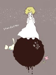 Rule 34 | alternate costume, alternate hairstyle, bare shoulders, bell, blonde hair, cat, collar, copyright name, dress, closed eyes, flower, hands on own face, jingle bell, kagamine rin, kneeling, le petit prince, mam233, open mouth, planet, short hair, solo, star (symbol), starduster (vocaloid), sundress, vocaloid, white dress