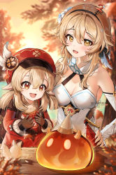Rule 34 | 2girls, :d, absurdres, artist name, autumn, bare shoulders, blonde hair, blurry, blurry background, blush, breasts, cleavage, commentary, detached sleeves, dress, english commentary, flower, genshin impact, hair flower, hair ornament, hat, highres, holding, klee (genshin impact), lily (flower), looking at viewer, lumine (genshin impact), medium breasts, multiple girls, open mouth, pointy ears, red headwear, scarf, short hair with long locks, sidelocks, silverpixia, smile, white dress, white flower, white scarf, yellow eyes