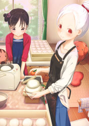 Rule 34 | 2girls, aiuabo, albino, apron, black apron, black eyes, black hair, blue dress, blue skirt, blush, bow, bowl, breasts, chair, child, collarbone, commentary request, cooking, curtains, day, dress, flat chest, food, forehead, fruit, hair bow, hair bun, hair ornament, hairclip, heart, heart-shaped pillow, highres, indoors, jacket, kagami mochi, leaf, long hair, long sleeves, looking at viewer, mandarin orange, mochitsuki, multiple girls, original, parted bangs, pig, pillow, red bow, red eyes, red jacket, rolling pin, shirt, side bun, single hair bun, single side bun, skirt, small breasts, smile, towel, white hair, white shirt, window
