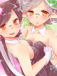 Rule 34 | + +, 2girls, aoi madoka, back, bare arms, bare shoulders, black hair, breasts, callie (splatoon), cleavage, collarbone, cousins, detached collar, dress, earrings, fang, gloves, grey hair, highres, holding hands, inkling, interlocked fingers, jewelry, looking at viewer, looking back, marie (splatoon), medium breasts, mole, mole under eye, multicolored hair, multiple girls, nintendo, object on head, open mouth, orange eyes, parted lips, pointy ears, shiny skin, shoulder blades, smile, splatoon (series), splatoon 1, strapless, strapless dress, tentacle hair, two-tone hair, upper body, white gloves, white hair
