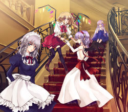 Rule 34 | 4girls, alternate costume, apron, backless dress, backless outfit, bare back, blonde hair, boots, dress, female focus, flandre scarlet, flying, formal, high heel boots, high heels, izayoi sakuya, multiple girls, patchouli knowledge, remilia scarlet, ringo apple, ringo appuru, shoes, siblings, sisters, stairs, embodiment of scarlet devil, thighhighs, touhou, waist apron, wings, zettai ryouiki