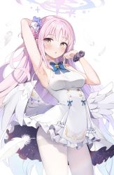Rule 34 | 1girl, absurdres, arm up, armpits, blue archive, blush, breasts, halo, highres, jehyun, long hair, low wings, medium breasts, mika (blue archive), pantyhose, pink hair, ribbon, school uniform, scrunchie, simple background, sleeveless, solo, thighs, white background, white pantyhose, wings, wrist scrunchie, yellow eyes
