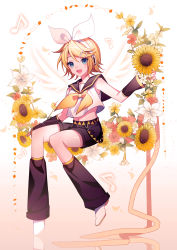 Rule 34 | 1girl, :d, absurdres, angel wings, beige background, belt, black sailor collar, black shorts, blonde hair, blue eyes, detached sleeves, eighth note, flower, full body, hair ornament, hair ribbon, hairclip, happy, headset, highres, kagamine rin, kazenemuri, leg warmers, looking at viewer, midriff, musical note, navel, open mouth, petals, pink flower, pink rose, red flower, reflection, ribbon, rose, sailor collar, shirt, short hair, shorts, simple background, sitting, sleeveless, sleeveless shirt, smile, solo, sparkle, streamers, sunflower, vocaloid, white background, white flower, white footwear, white ribbon, white shirt, wings, yellow flower, yellow ribbon