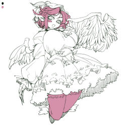 Rule 34 | 1girl, breasts, color guide, dress, earrings, feathered wings, fingernails, frills, full body, hat, huge breasts, jewelry, limited palette, long fingernails, long sleeves, looking at viewer, medium skirt, mystia lorelei, open mouth, pointy ears, red thighhighs, simple background, skirt, solo, spot color, thighhighs, toriga naku, touhou, white background, wings