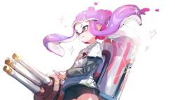 Rule 34 | 1girl, :p, bad id, bad twitter id, bike shorts, highres, inkling, inkling girl, inkling player character, long hair, mask, nintendo, pink eyes, pink hair, pointy ears, shirt, short hair with long locks, shorts, smile, solo, sprbouuz, tentacle hair, tongue, tongue out, twintails, weapon, white shirt