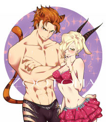 Rule 34 | 1boy, 1girl, abs, animal ears, antlers, arm at side, bikini, bikini top only, blonde hair, blush, bracelet, breasts, bulge, cleavage, closed mouth, collarbone, copyright name, cowboy shot, crossed arms, disney, eyelashes, facial hair, gazelle (zootopia), groin, hair over one eye, head tilt, heart, heterochromia, highres, horns, jewelry, large breasts, looking at viewer, midriff, musical note, navel, neko punch, nipples, one eye covered, orange eyes, orange hair, pants, personification, polka dot, red skirt, topless male, short hair, skirt, sleeveless, smile, sparkle, stomach, swimsuit, tail, tiger ears, tiger tail, treble clef, yellow eyes, zootopia