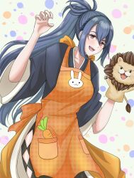 Rule 34 | 1girl, apron, blue hair, breasts, brown eyes, carrot, commission, fire emblem, highres, kousetu0506, looking at viewer, medium breasts, nintendo, oboro (fire emblem), open mouth, orange apron, skeb commission, sock puppet, solo