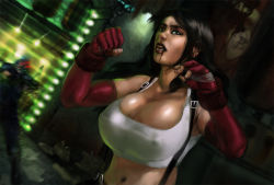 Rule 34 | 1990s (style), 1girl, blood, breasts, brown eyes, brown hair, cleavage, elbow gloves, covered erect nipples, fighting stance, final fantasy, final fantasy vii, fingerless gloves, gloves, huge breasts, long hair, midriff, navel, raphael villegas, shirt, soldier, solo, suspenders, tank top, taut clothes, taut shirt, tifa lockhart