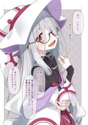 Rule 34 | 1girl, :d, black-framed eyewear, black shirt, covered collarbone, doll joints, dress, glasses, grey background, grey hair, hair over one eye, hat, highres, hood, hood down, hooded jacket, jacket, joints, long hair, long sleeves, looking at viewer, notice lines, off shoulder, ogami kazuki, open clothes, open jacket, open mouth, original, red dress, red eyes, semi-rimless eyewear, shirt, sleeveless, sleeveless dress, sleeves past wrists, smile, solo, strap slip, translation request, two-tone background, under-rim eyewear, very long hair, white background, white hat, white jacket, wide sleeves