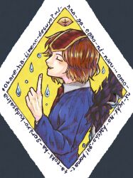 Rule 34 | blue jacket, brown hair, closed eyes, collared shirt, commentary request, feathered wings, from side, hand up, headpiece, highres, index finger raised, jacket, kokutenshi hibaru, len&#039;en, long sleeves, necktie, open mouth, other focus, red headwear, red necktie, romaji text, shirt, short hair, smile, sodaon, translation request, white shirt, wings