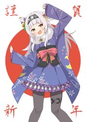 Rule 34 | 1girl, arched bangs, black pantyhose, blush, commentary request, feet out of frame, frilled sleeves, frills, fur scarf, grey hair, hair bun, hands up, highres, hololive, imosato (imosato555), japanese clothes, kagami mochi, kimono, long hair, long sleeves, looking at viewer, mochi hair ornament, murasaki shion, murasaki shion (new year), new year, obi, official alternate costume, open mouth, pantyhose, pentagram, print kimono, purple kimono, sash, short kimono, side up bun, sidelocks, single side bun, smile, solo, standing, thighlet, translation request, v-shaped eyebrows, virtual youtuber, wide sleeves, yellow eyes