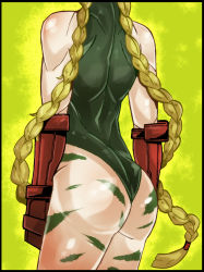 Rule 34 | 1girl, ass, black border, blonde hair, bodypaint, border, braid, cammy white, capcom, commentary request, fingerless gloves, from behind, gloves, green background, green leotard, head out of frame, highres, leotard, long hair, mr.way, red gloves, solo, street fighter, thighs, twin braids, very long hair
