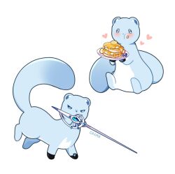 Rule 34 | 1boy, animal focus, animalization, blue eyes, blue fur, blueberry, body fur, butter, eating, edmond (nu carnival), ermine, food, fruit, highres, holding, holding plate, looking at viewer, male focus, mouth hold, nu carnival, nu casma, pancake, pancake stack, plate, rapier, souffle pancake, sword, syrup, topper (nu carnival), two-tone fur, weapon, weasel, white fur
